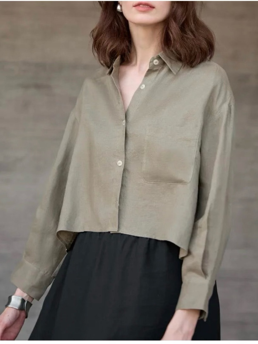 Olive Green Lagenlook Cotton Button-Down Shirt
